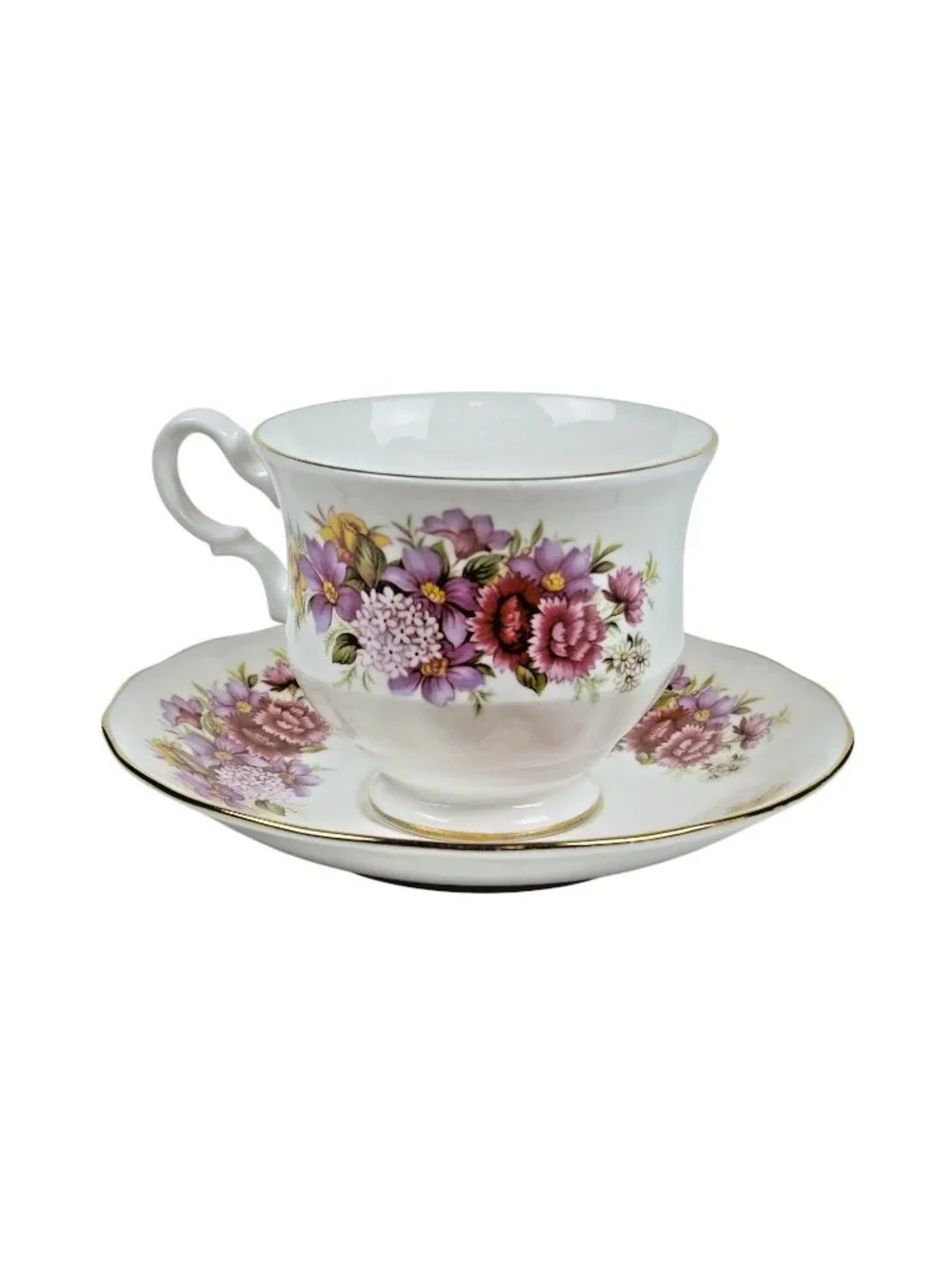Vintage Queen Anne Fine Bone China Teacup Saucer Purple Red Floral Gold Trim